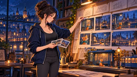 Mia working on cartoon storyboarding