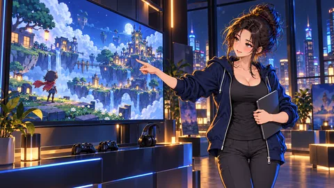 Mia presents her own game on the big screen to the community