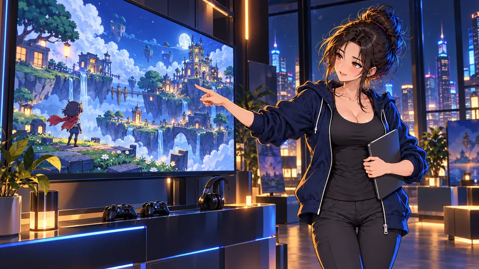 Mia presents her own game on the big screen to the community