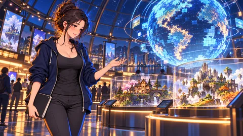 Mia explores an exhibition of game worlds under a light globe