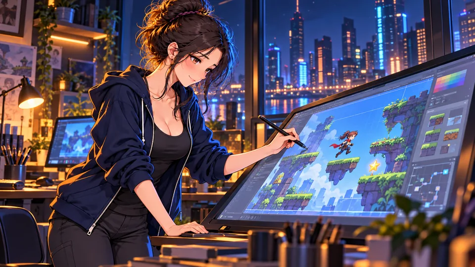 Mia draws a level of her own game with a stylus on the big screen