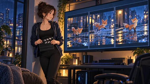 Mia with a cinematic clapperboard reviewing frames of a story about a paper fox on a screen by a home PC