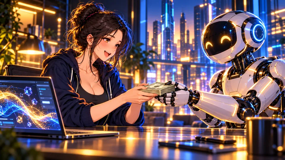 A happy Mia receives money from a robot in a futuristic room
