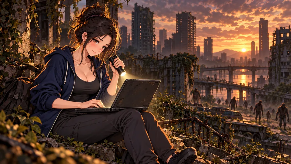 Mia with a laptop in a city after a power outage