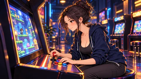 Mia is playing an arcade machine with excitement