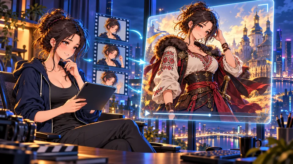 Mia creates a historical character in a video